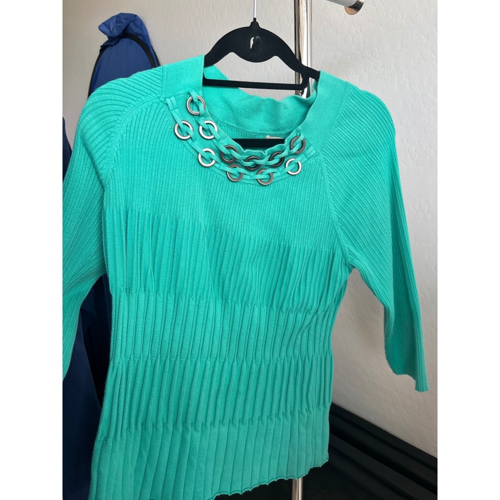 y2k Teal Ribbed Knit Sweater Grommet Chain Neckline 3/4 Sleeve Top